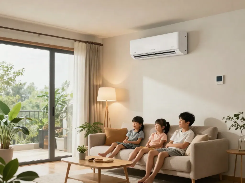 Family enjoying comfort with a 18000 btu mini split air conditioner in a cozy living room.