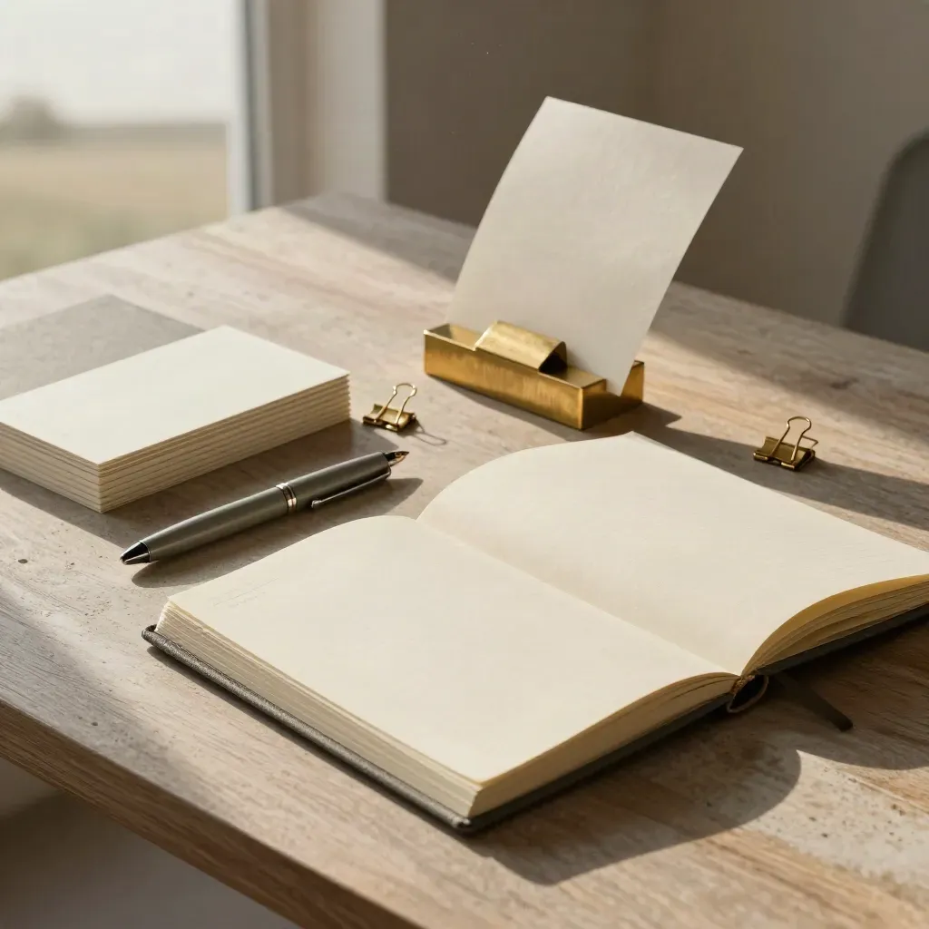 Editorial blog-planning still life with notebook, cards, planner, pen and brass paperweight in soft sun.