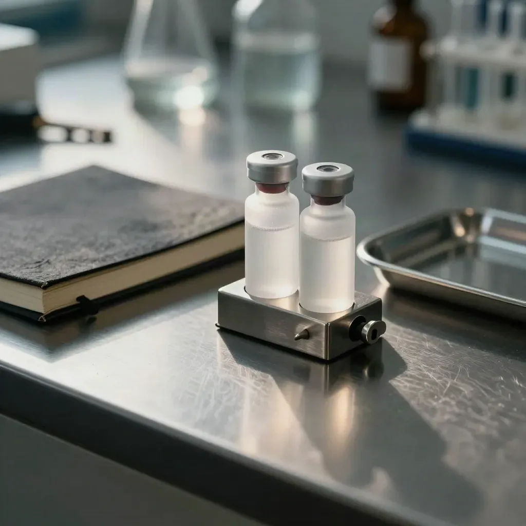 Frosted lab vials, clamp, and closed notebook on brushed metal under dramatic side light