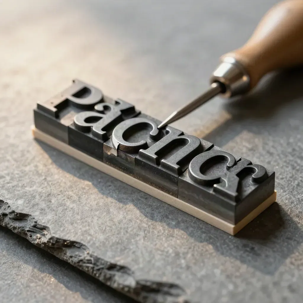 Letterpress blocks, composing stick, and paper shims on grey stone with raking light