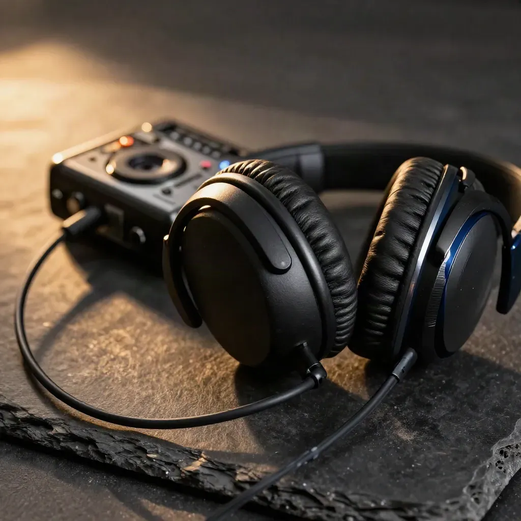 Headphones, coiled cable, and pocket recorder on dark slate in dramatic macro light.