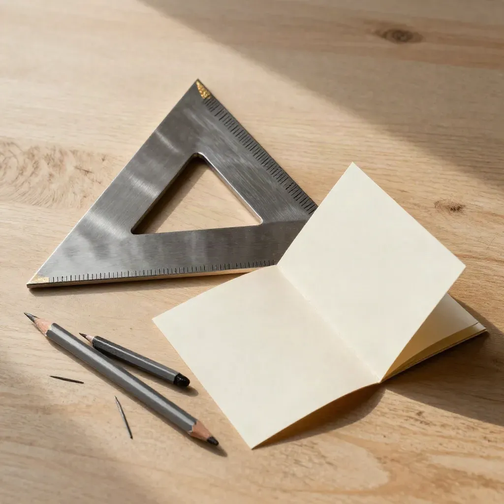 Top-down drafting triangle, pencil leads and folded paper maquette on pale wood