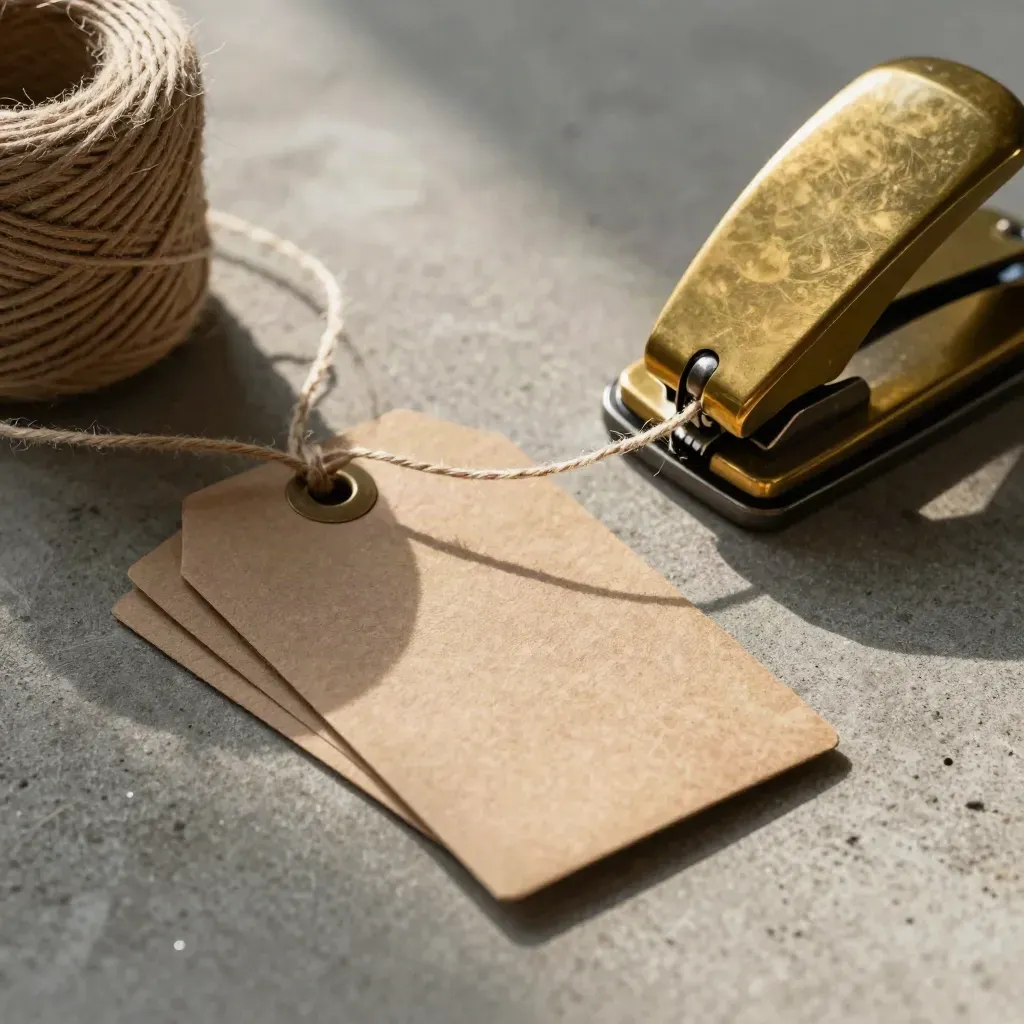 Macro still life of kraft tags, twine spool and brass hole punch on concrete.