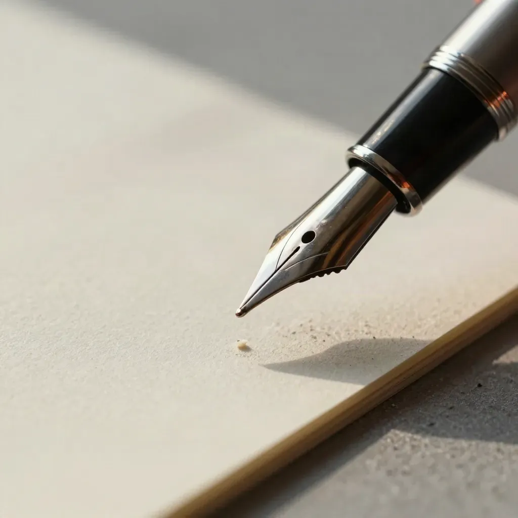 Fountain pen nib above a blotter card with eraser crumbs on pale plaster.