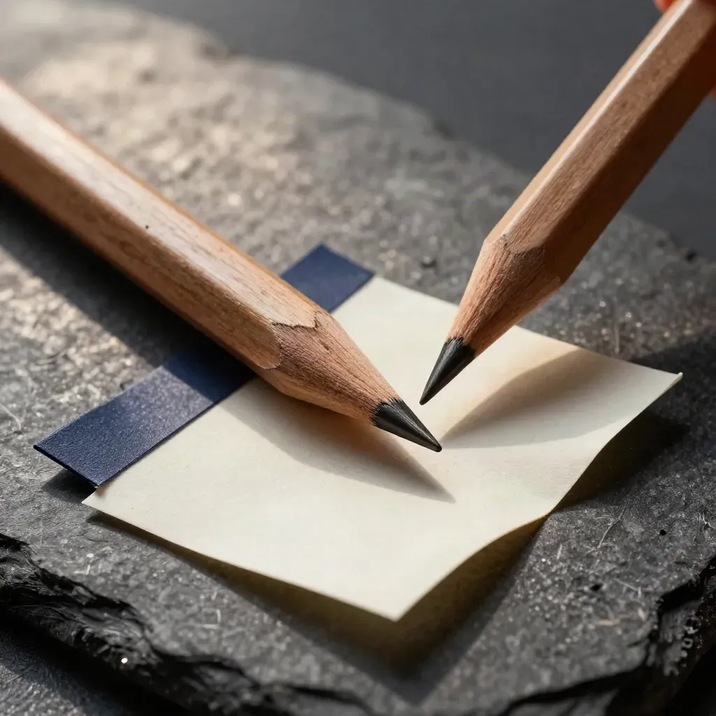 Graphite pencil with page flags and cream proof slips on charcoal stone.