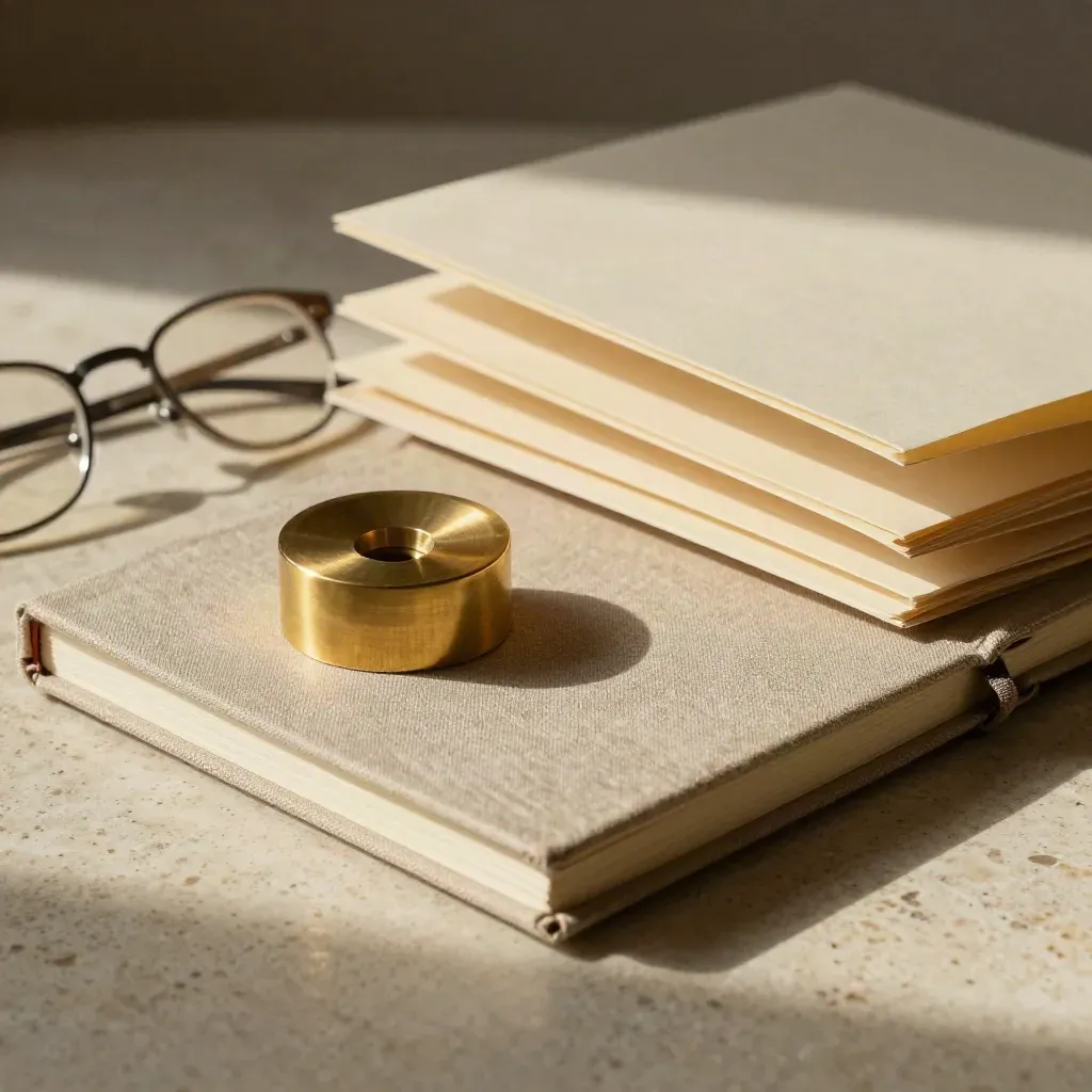 Brass paperweight, reading glasses, and folders on pale stone under warm dramatic light.