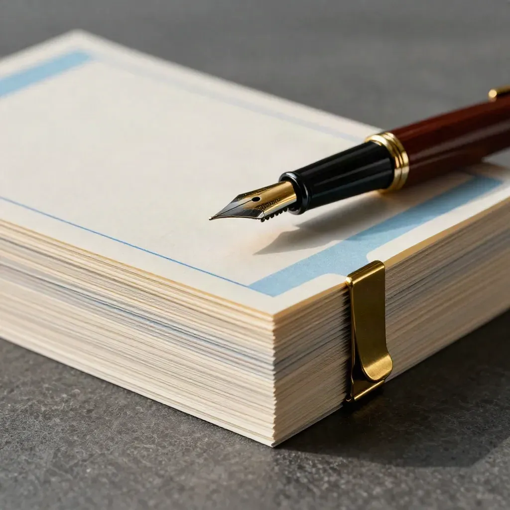 Macro stack of blank index cards with sky-blue tabs, a fountain pen, and brass clip on graphite stone.