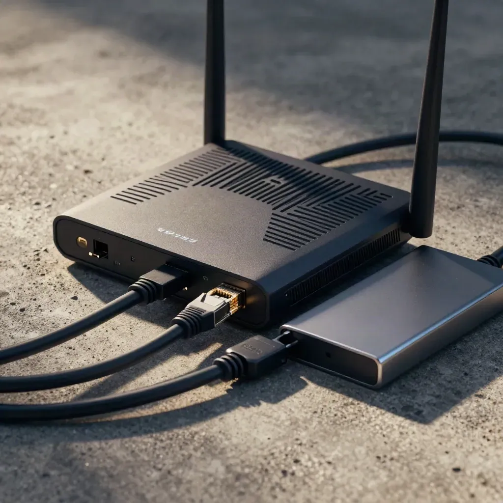 Macro still life of a router, ethernet cable, and backup drive on concrete.