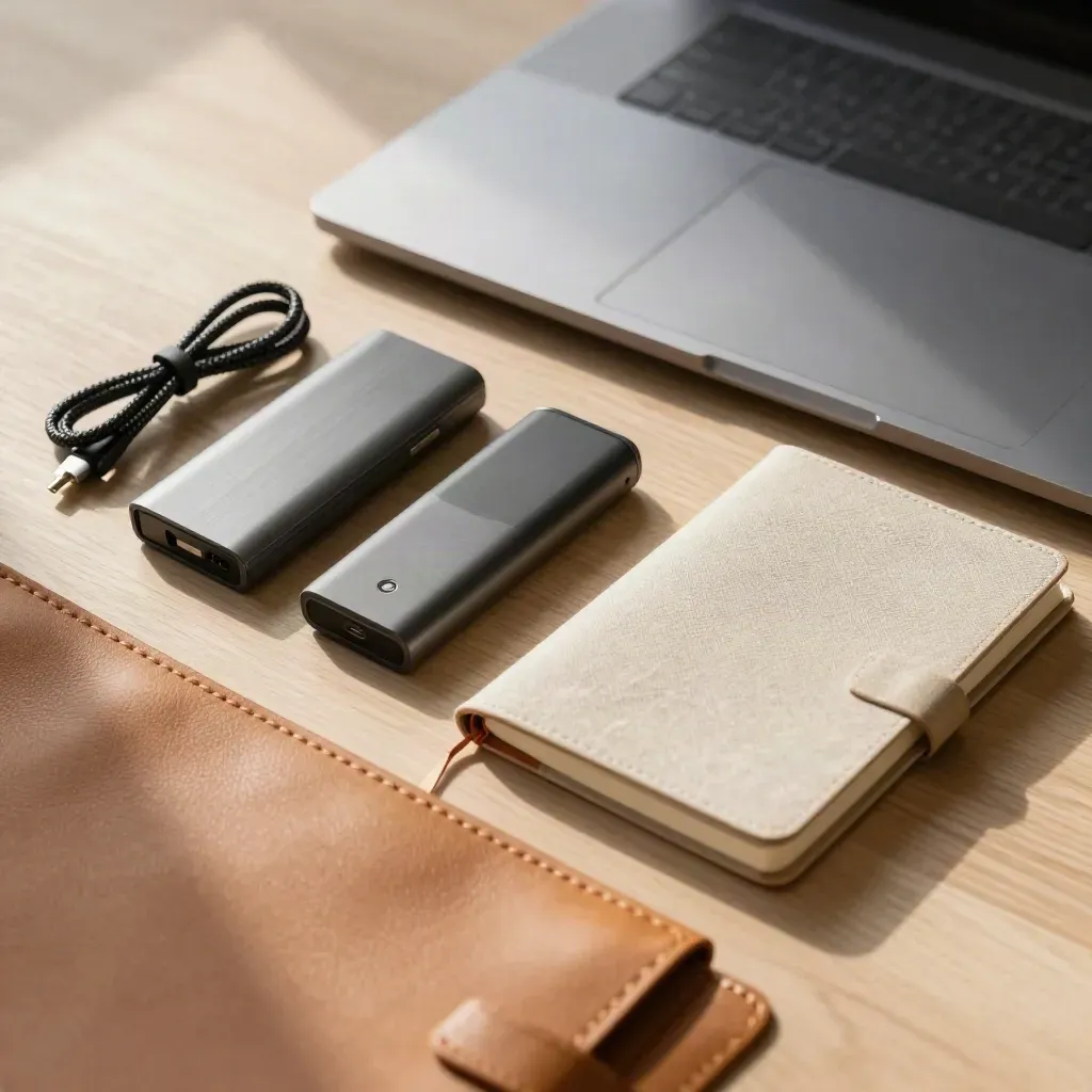 Closed laptop, portable drive, notebook and charging cable on pale wood in soft daylight.