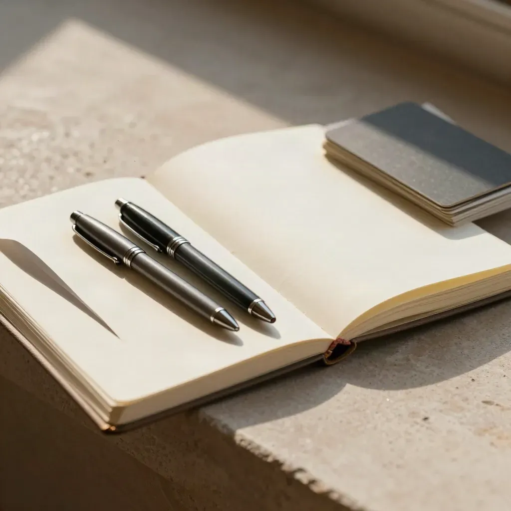 Open notebook, two pens, and blank cards lit by warm side light.