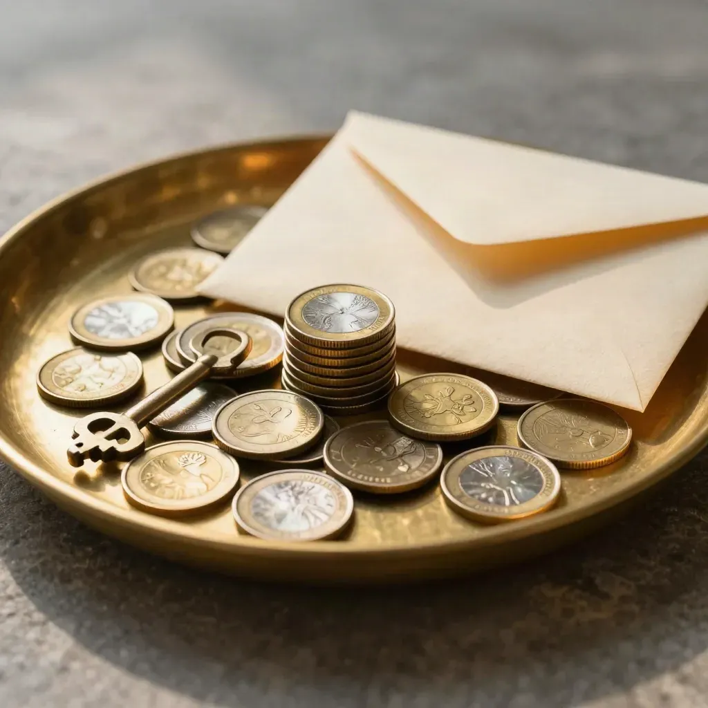 Brass coin tray with stacked coins and a blank cream envelope on brushed stone, warm macro lighting