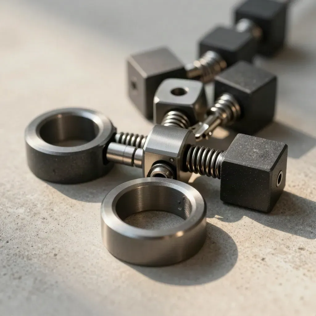 Interlocking graphite rings and modular blocks on concrete under dramatic side light.