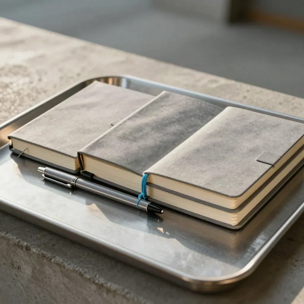 Three planners, face-down sheets, and a pen tray on concrete in soft light.