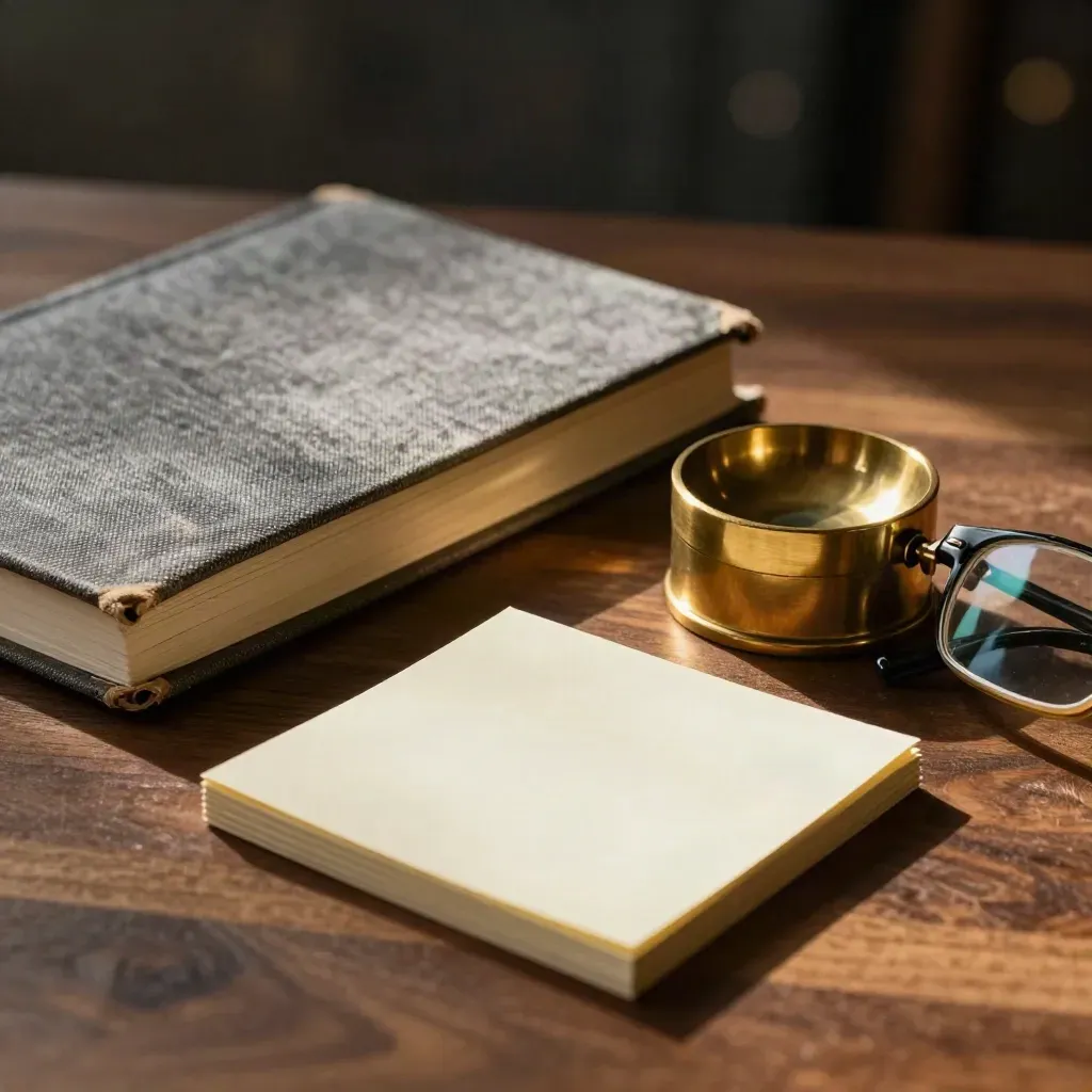 Worn notebook, brass paperweight, reading glasses, and note cards on walnut in dramatic side light.