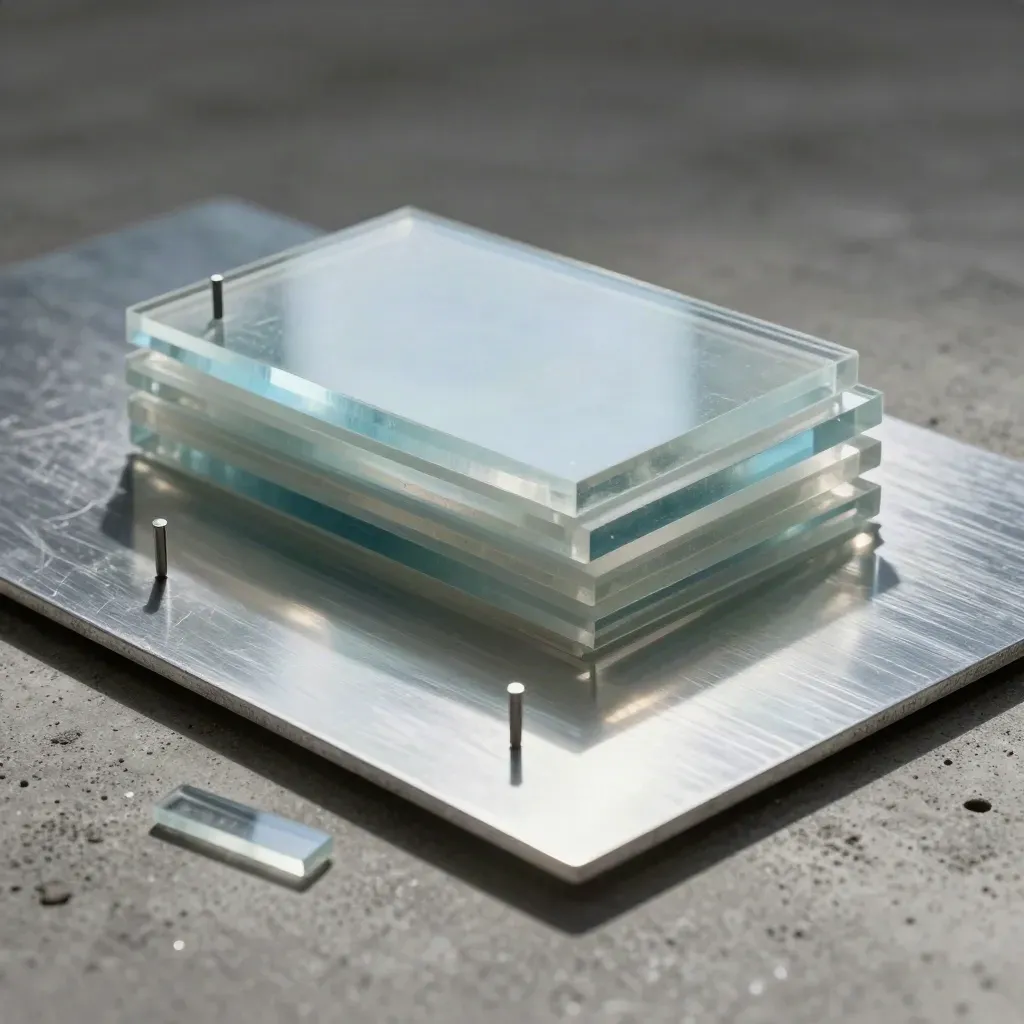 Translucent acrylic tiles and metal alignment pins on concrete, lit dramatically