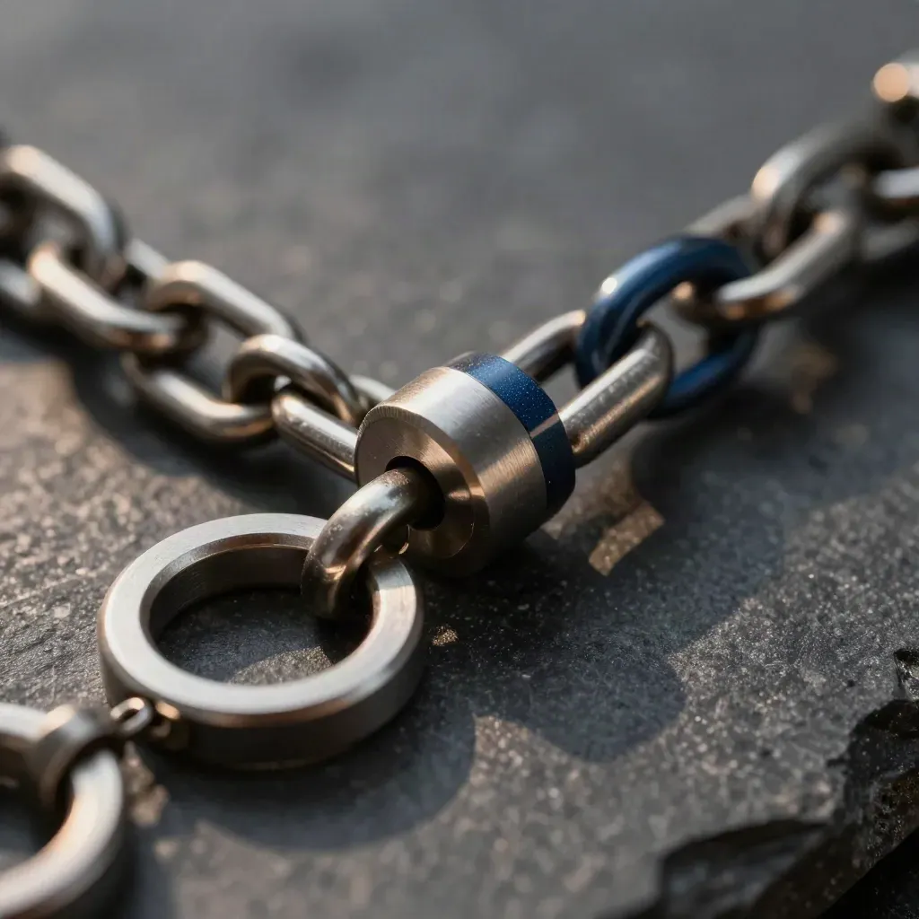 Extreme macro of linked metal rings and connectors on dark stone, lit with raking side light.