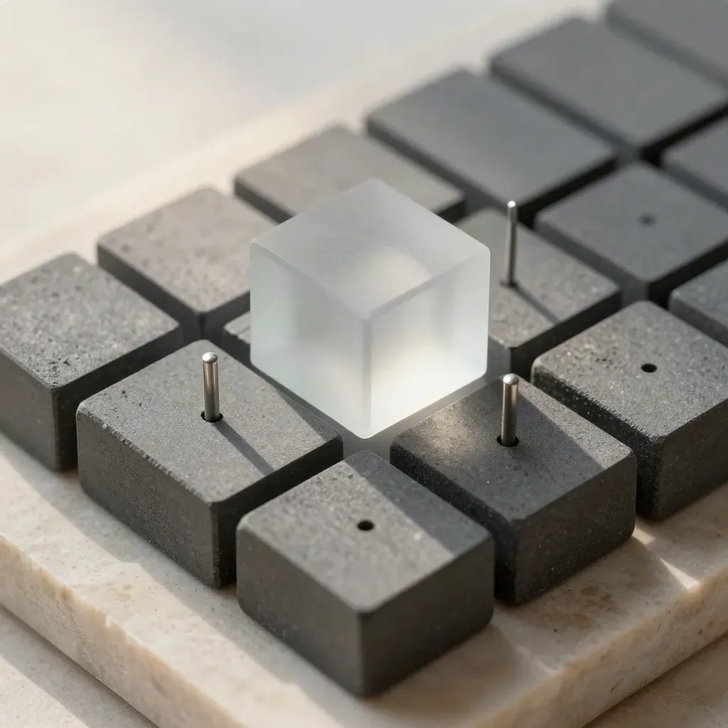 Macro still life of graphite blocks, frosted glass cube and metal pins on pale limestone.