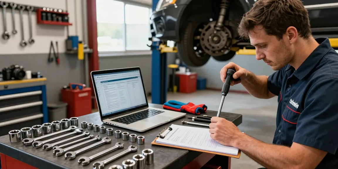 Mechanic using Stahlwille tools to repair vehicle in bright garage.