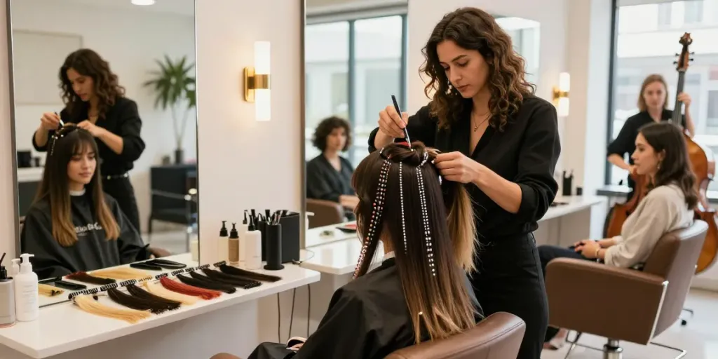 Applying beaded weft hair extensions in an elegant salon setting with natural lighting and vibrant hair colors.